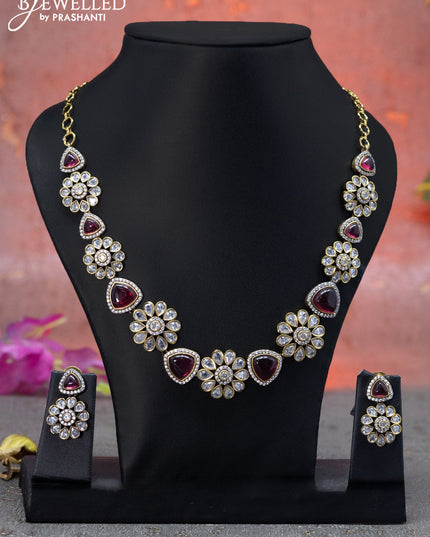 Necklace floral design with pink kemp & cz stones in victorian finish