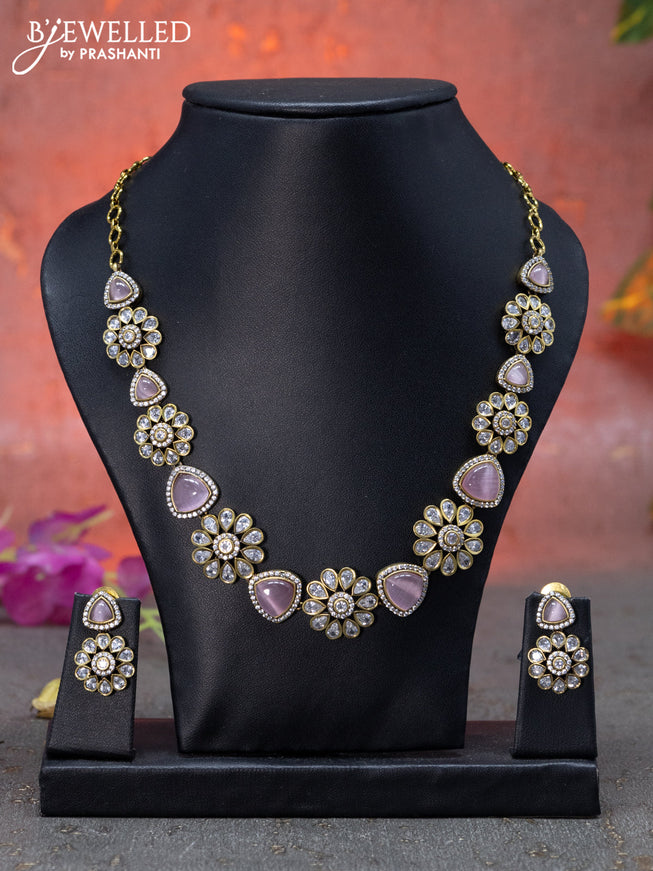 Necklace floral design with baby pink & cz stones in victorian finish