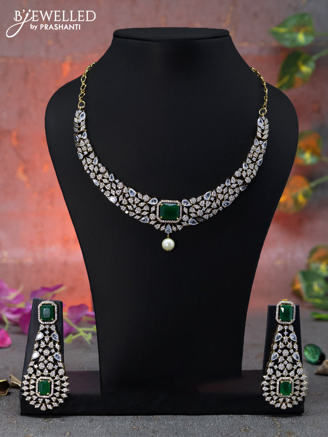 Necklace floral design with emerald & cz stones and pearl hangings in victorian finish