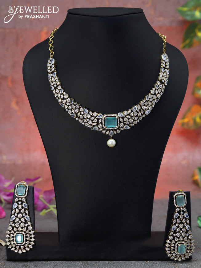 Necklace floral design with mint green & cz stones and pearl hangings in victorian finish