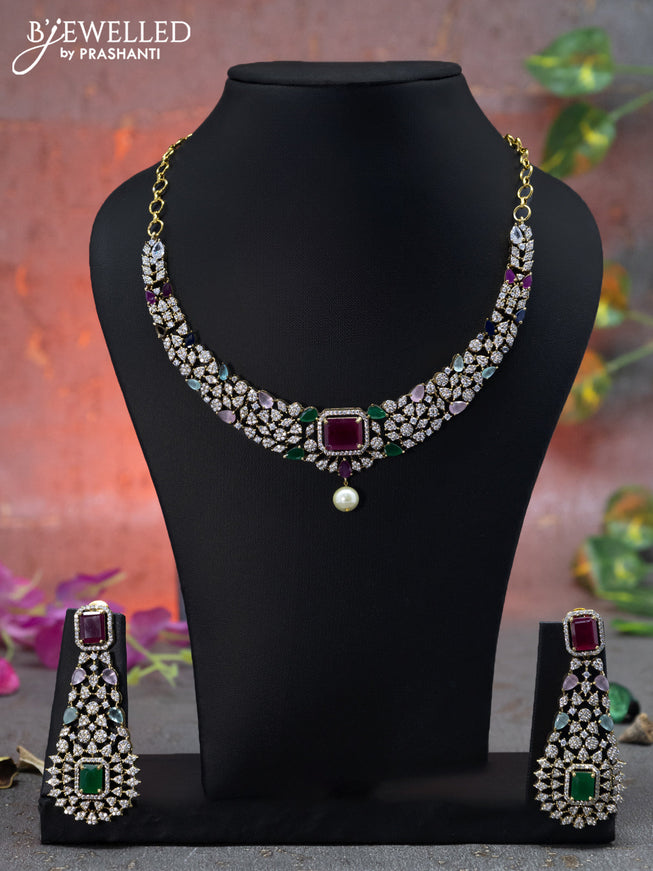 Necklace floral design with multicolour & cz stones and pearl hangings in victorian finish