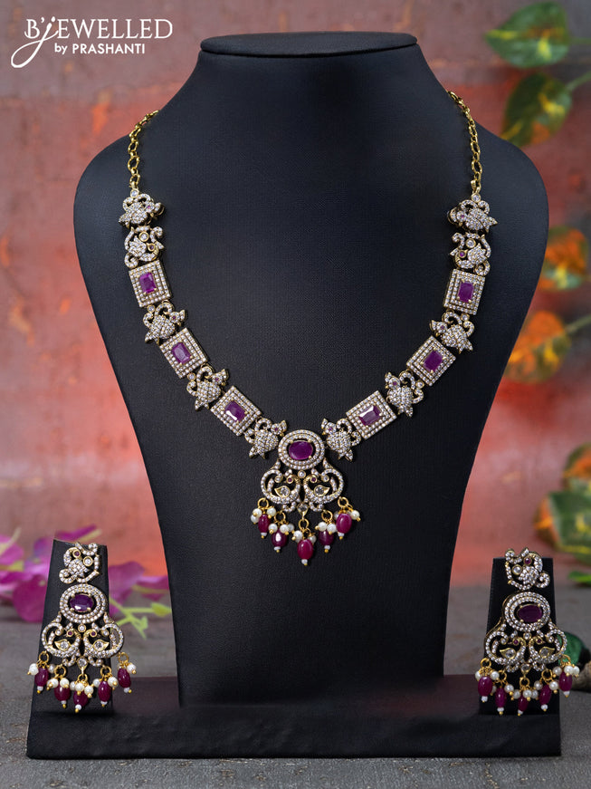 Necklace peacock & parrot design with pink kemp & cz stones and beads hangings in victorian finish