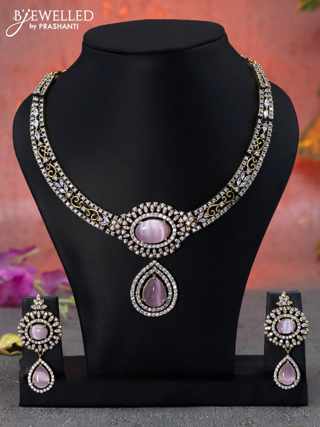 Necklace with baby pink & cz stones and hangings in victorian finish