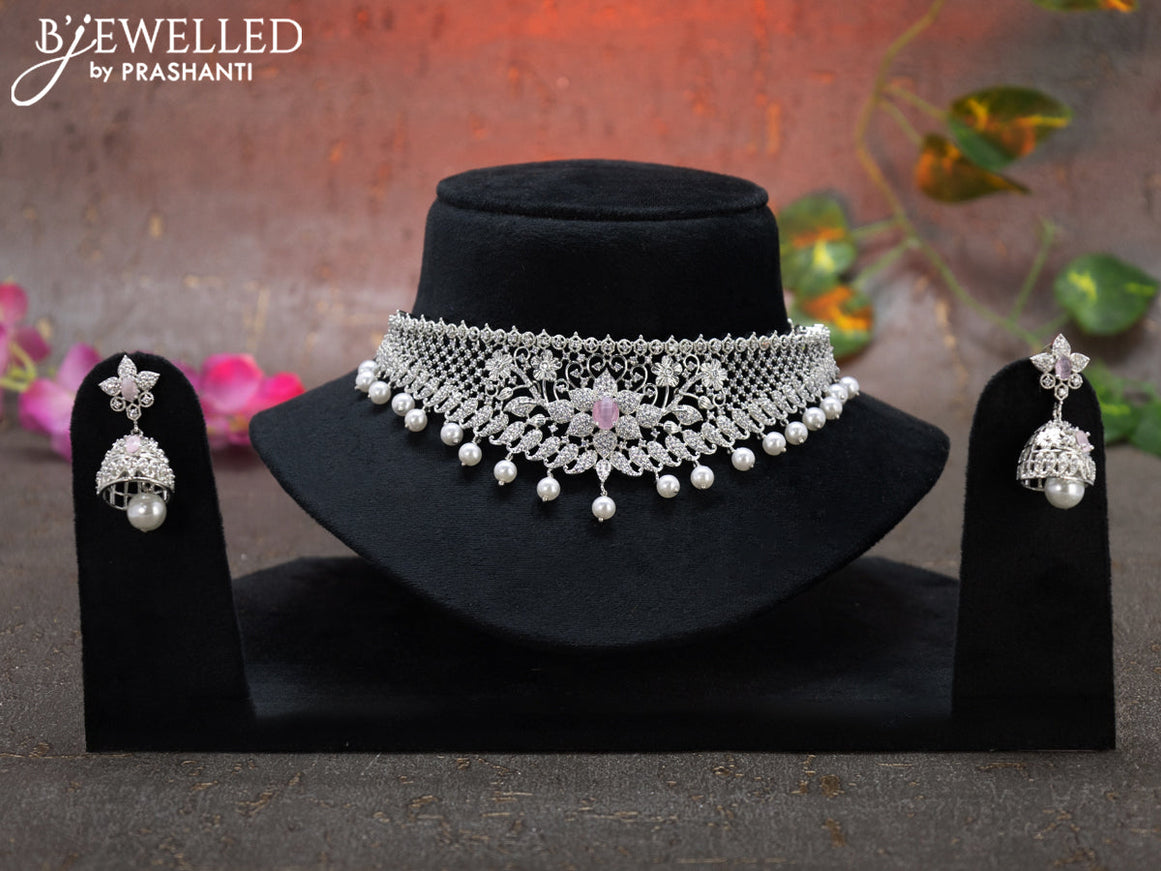 Zircon choker floral design with baby pink & cz stones and pearl hangings