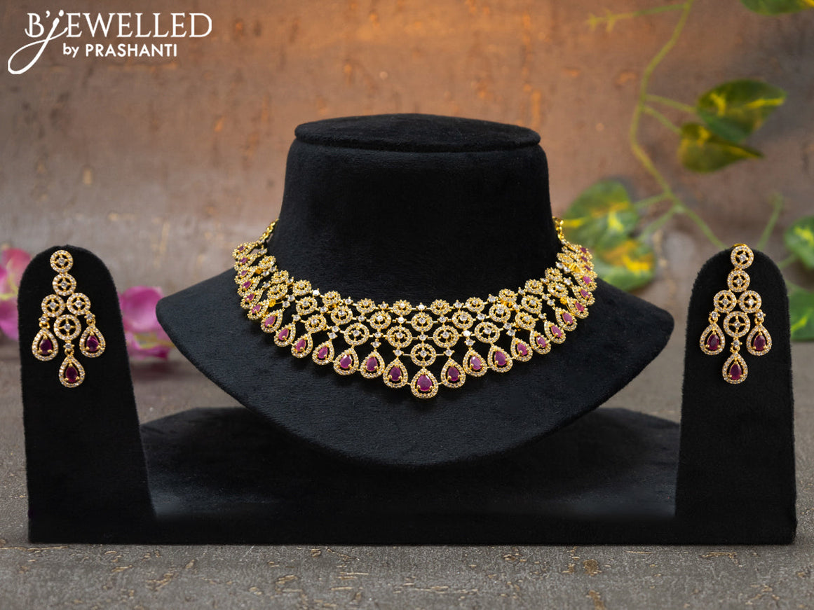 Zircon choker with ruby and cz stones in gold finish