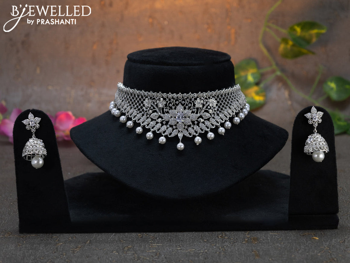 Zircon choker floral design with cz stones and pearl hangings