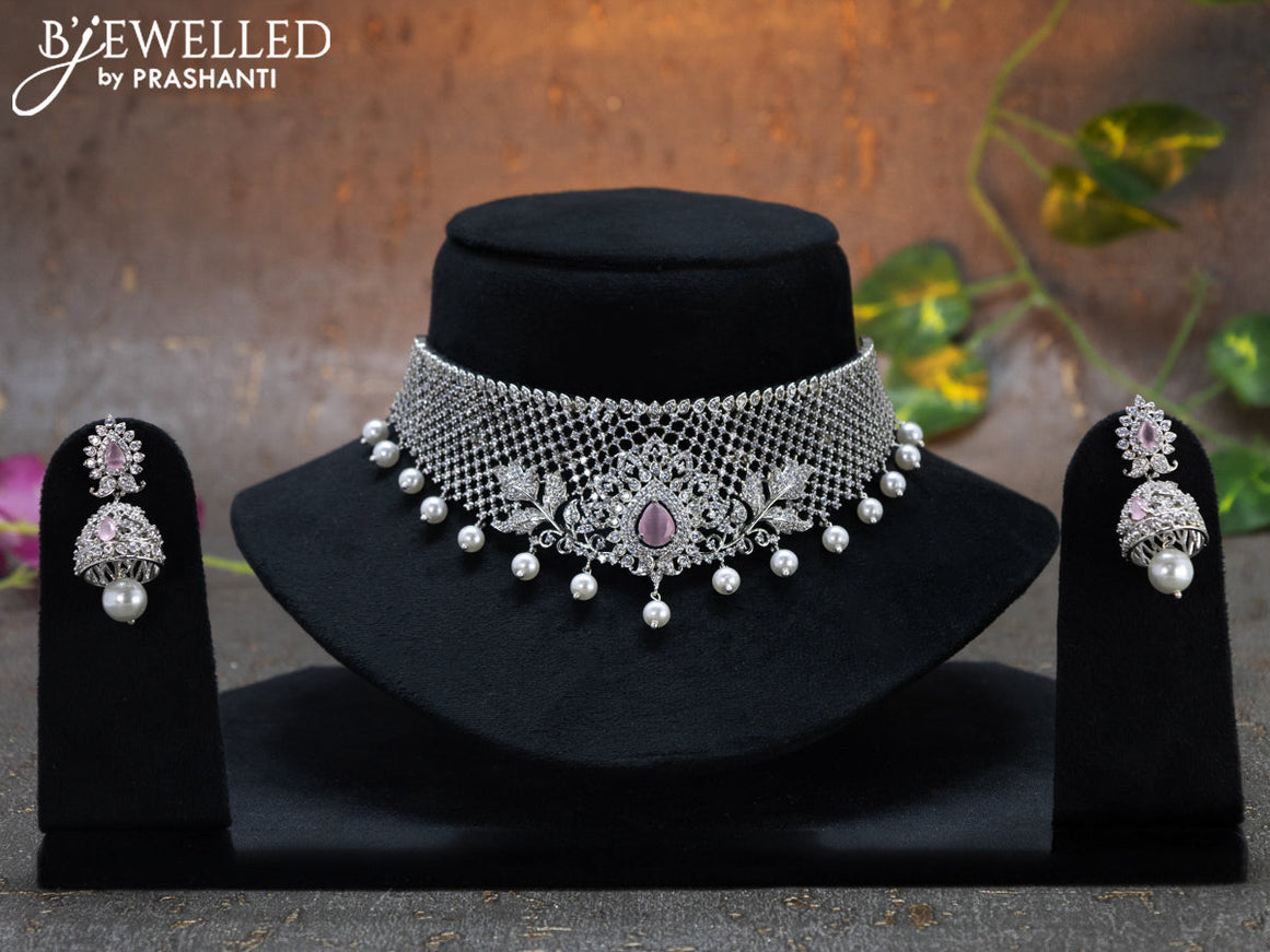 Zircon choker with baby pink & cz stones and pearl hangings
