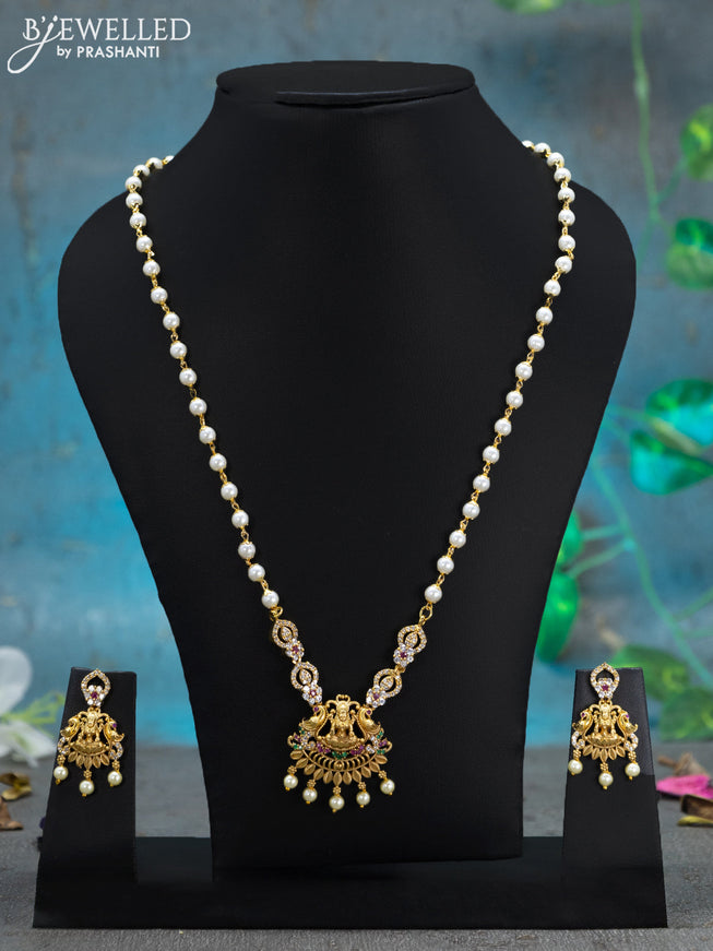 Pearl necklace kemp and cz stones with lakshmi pendant and pearl hangings