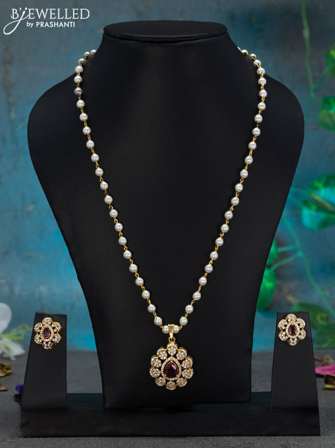 Pearl necklace ruby and cz stones with floral pendant