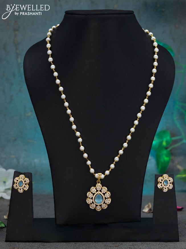 Pearl necklace ice blue and cz stones with floral pendant