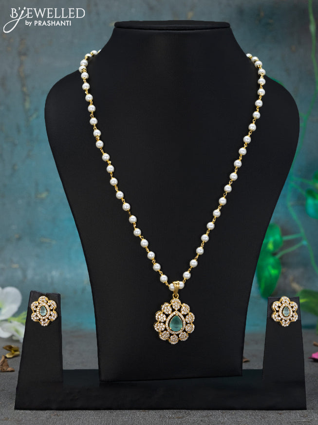Pearl necklace mint green and cz stones with floral pendant