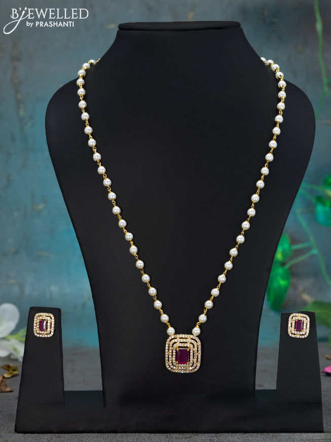 Pearl necklace with pink kemp and cz stones