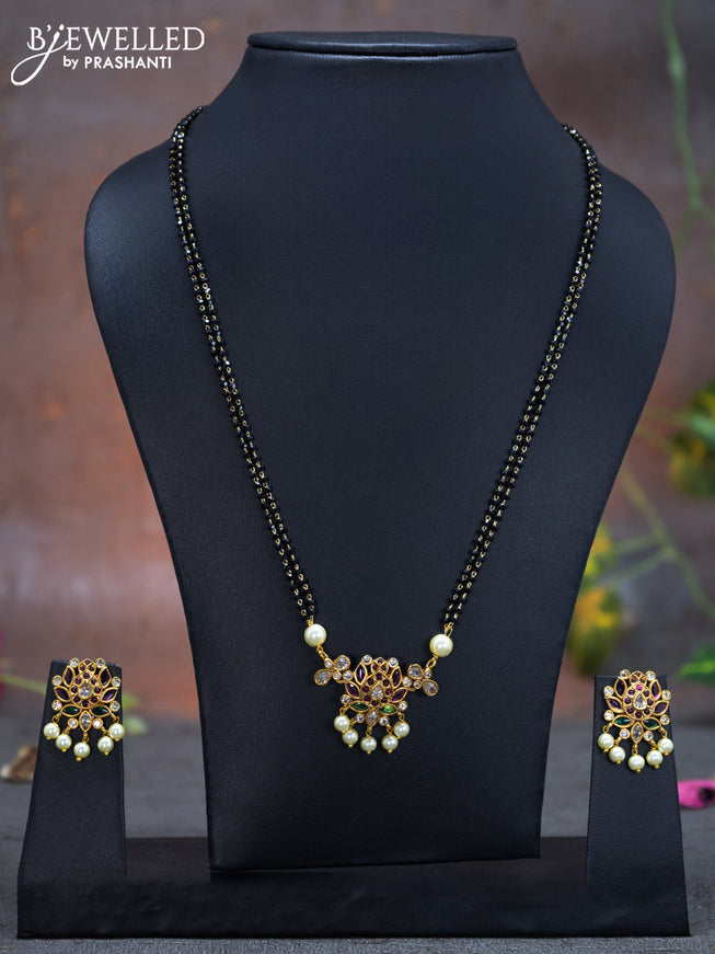 Mangalsutra double layer lotus design with kemp & cz stones and pearl hangings