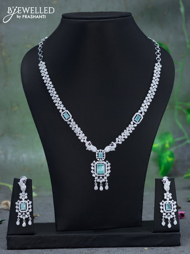 Zircon necklace peacock design with mint green and cz stones