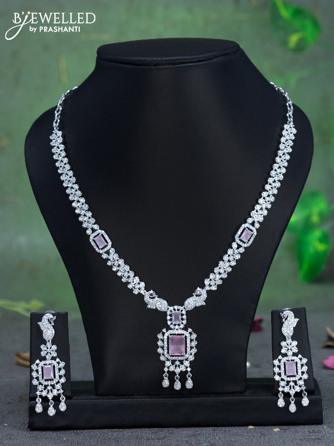 Zircon necklace peacock design with baby pink and cz stones