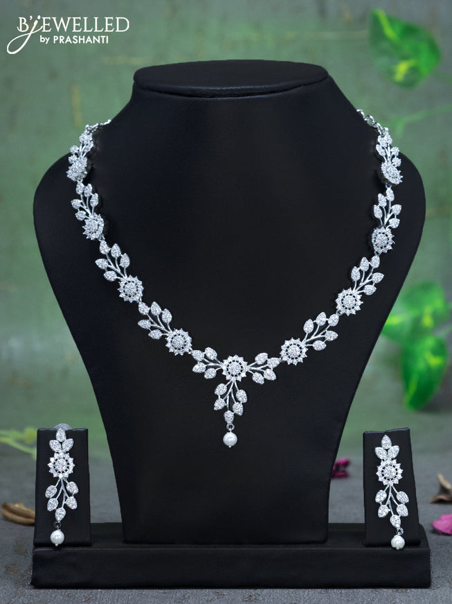 Zircon necklace floral design with cz stones and pearl hangings