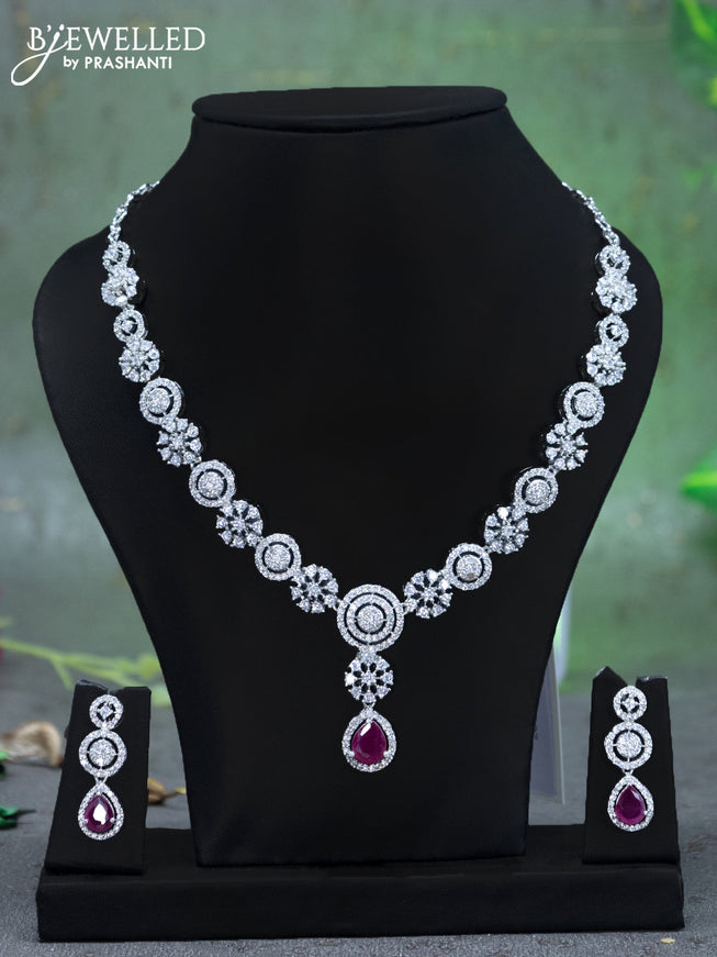 Zircon necklace floral design with ruby & cz stones and hanging