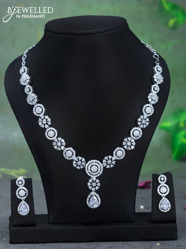 Zircon necklace floral design with cz stones and hanging