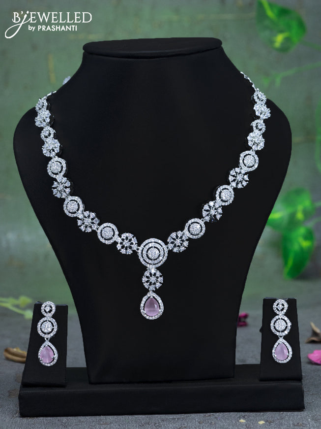 Zircon necklace floral design with baby pink & cz stones and hanging