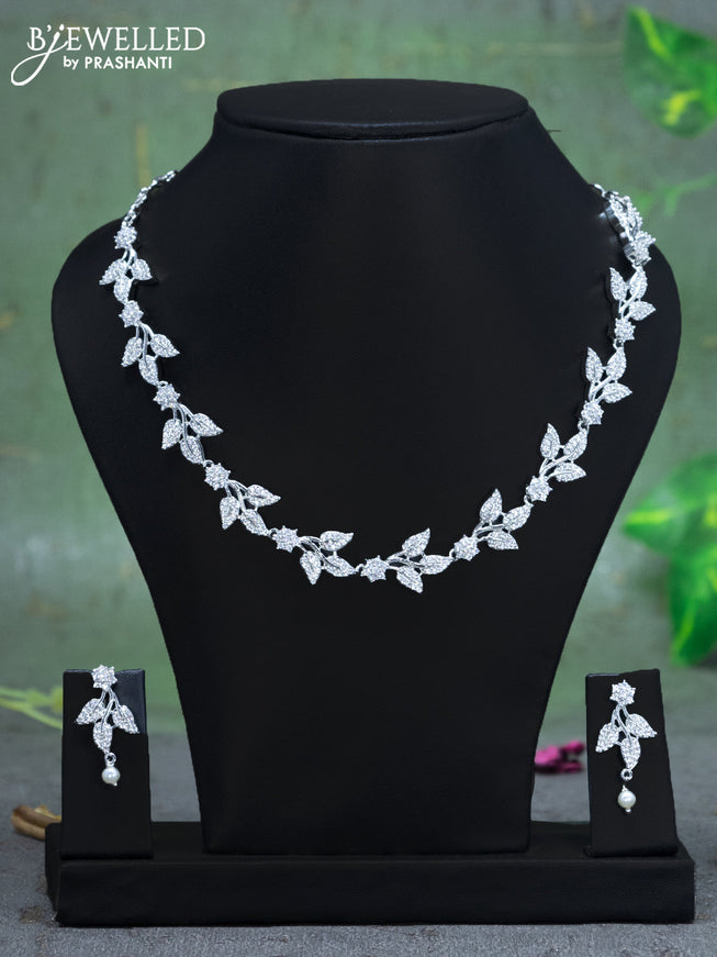 Zircon necklace leaf design with cz stones and pearl hangings
