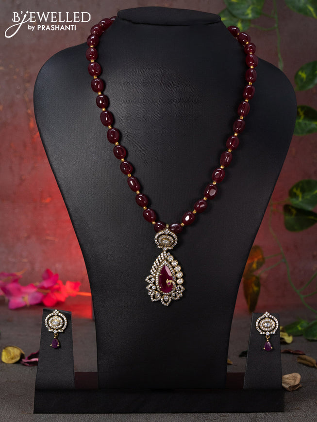 Beaded maroon necklace peacock design with ruby and cz stones in victorian finish