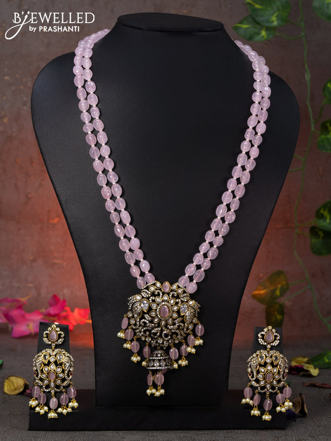 Beaded double layer baby pink necklace elephant design with cz stones and beads hanging in victorian finish