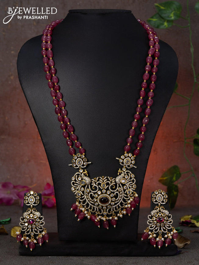 Beaded double layer maroon necklace peacock design with pink kemp & cz stones and beads hanging in victorian finish