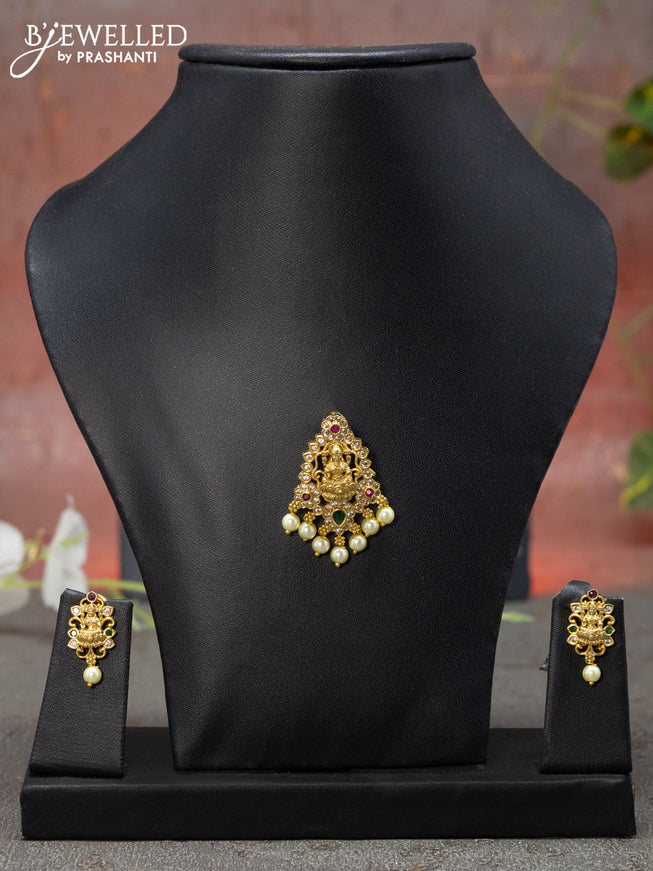 Antique pendant set lakshmi design with kemp & cz stone and pearl hangings
