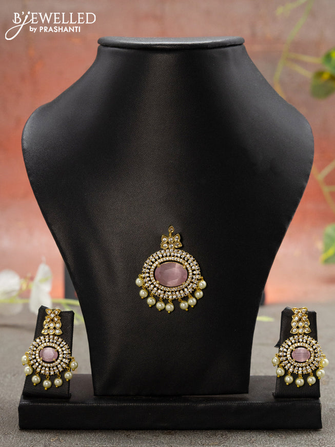 Antique pendant set with baby pink & cz stone and pearl hangings