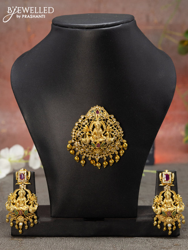 Antique pendant set lakshmi design with kemp & cz stone and golden beads hanging