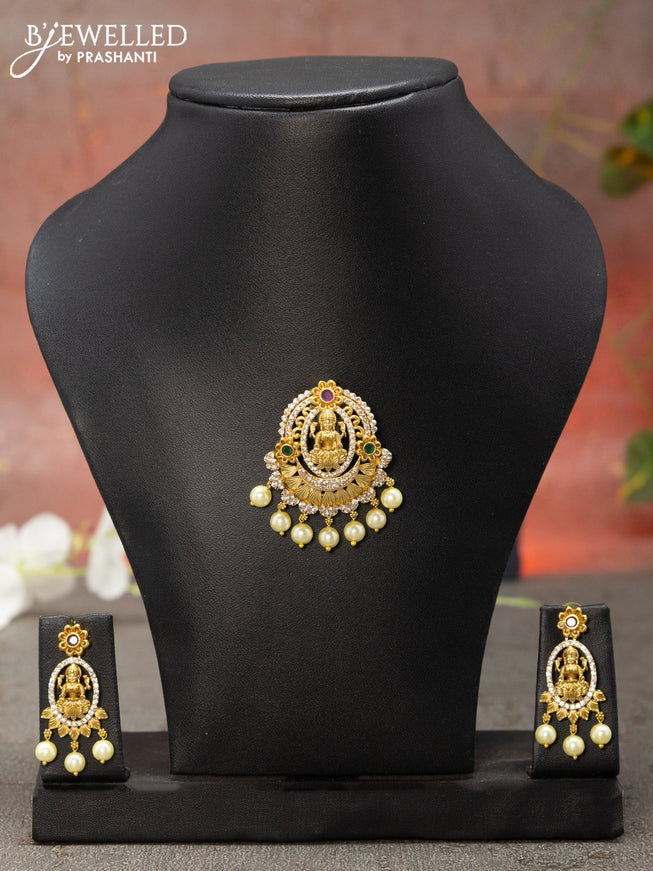 Antique pendant set lakshmi design with kemp & cz stone and pearl hangings