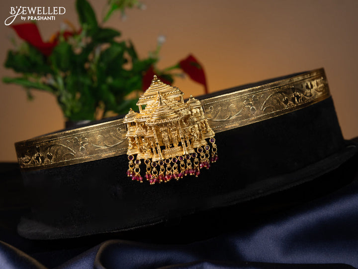 Antique self emboss hip belt ram darbar design with ruby stones and pink beads hanging