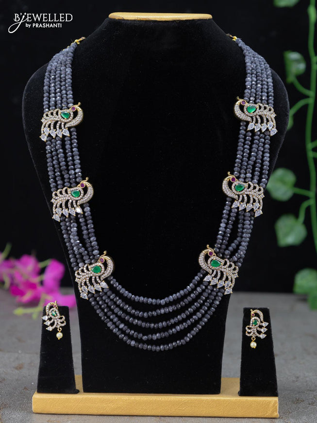 Beaded grey necklace peacock design with kemp and cz stones in victorian finish - {{ collection.title }} by Prashanti Sarees