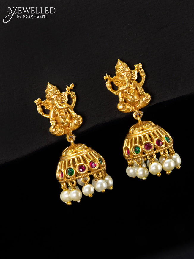Antique jhumka ganesha design with kemp stones and pearl hangings