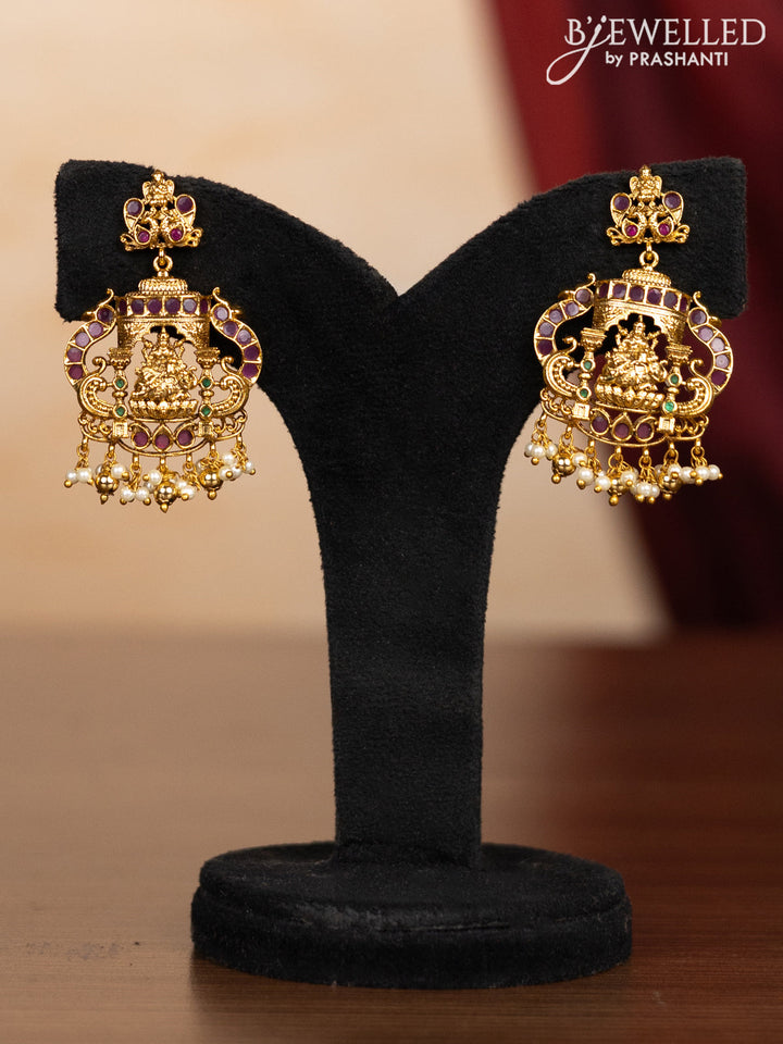 Pearl triple layer haaram lakshmi pendant with kemp & cz stones and pearl & golden beads hangings