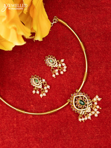 Ring type choker with small floral design in multicolor kemp stones and pearl hanging