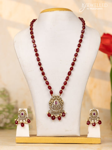 Beaded maroon necklace with ruby & cz stones and beads hangings in victorian finish