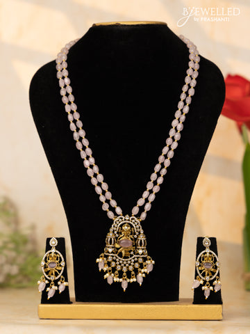Beaded baby pink necklace ganesha pendant with cz stones and pearl & beads hangings in victorian finish