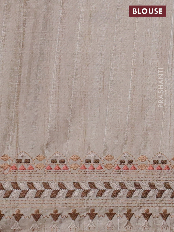 Semi tussar saree brown shade and beige with plain body and embroidery pallu & border