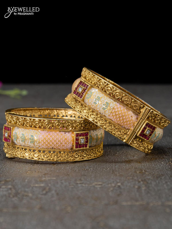 Antique screw type bangles minakari design with pink kemp and cz stones - {{ collection.title }} by Prashanti Sarees