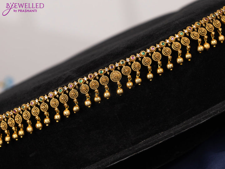 Antique hip chain with pink kemp & cz stones and golden beads hangings