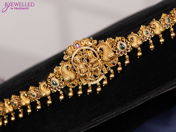 Antique hip chain ram darbar design with kemp & cz stones and golden beads hangings