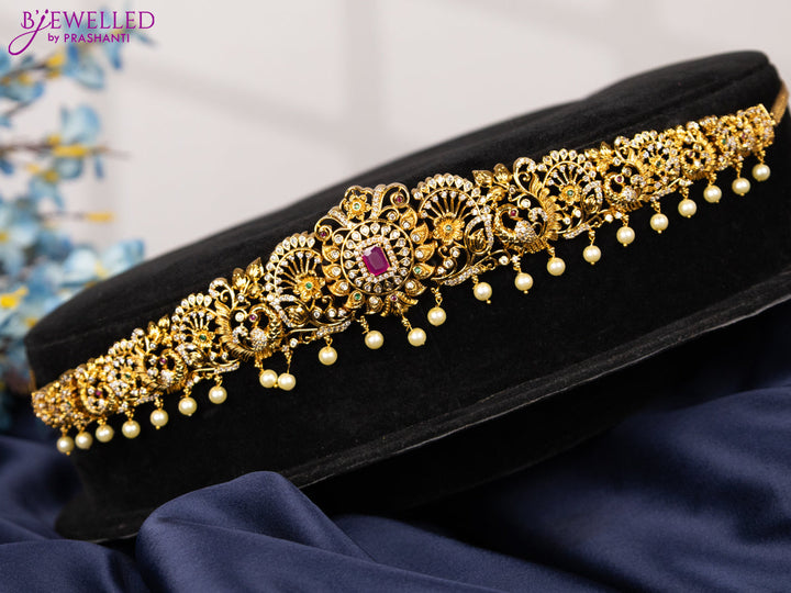 Antique hip chain peacock design with kemp & cz stones and pearl hangings