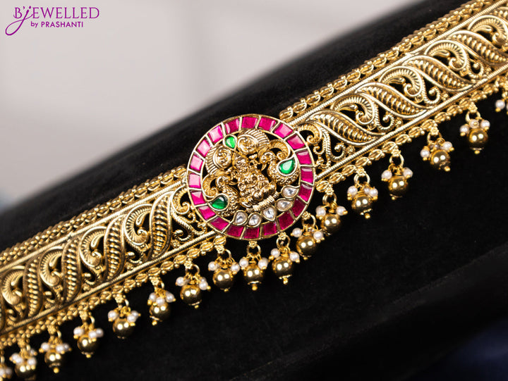 Antique hip belt lakshmi design with kemp jadau kundan stones and pearl & golden beads hangings