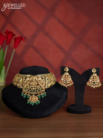 Antique choker lakshmi design with green kemp and cz stones in green beads hangings