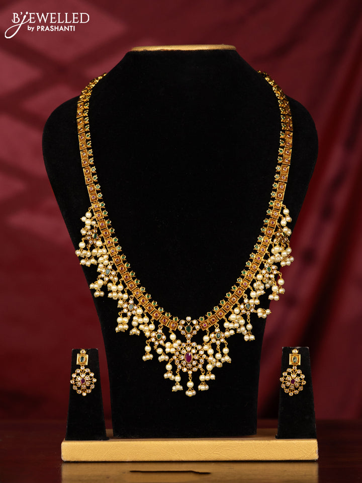 Antique guttapusalu haaram with kemp and cz stones in pearl hangings