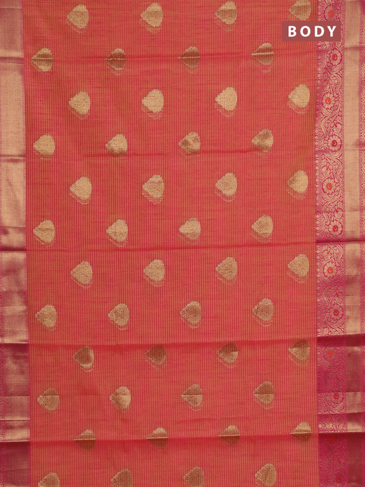 Banarasi semi dupion saree dual shade of yellow and pink with thread & zari woven buttas and woven border