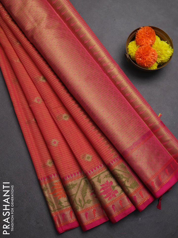 Banarasi semi dupion saree dual shade of yellow and pink with thread & zari woven buttas and zari woven border