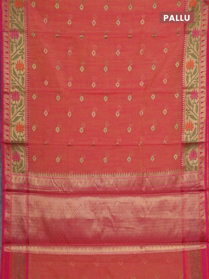 Banarasi semi dupion saree dual shade of yellow and pink with thread & zari woven buttas and zari woven border