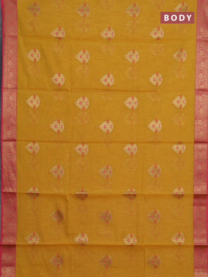 Banarasi semi dupion saree mustard yellow and pink with allover woven buttas and woven border